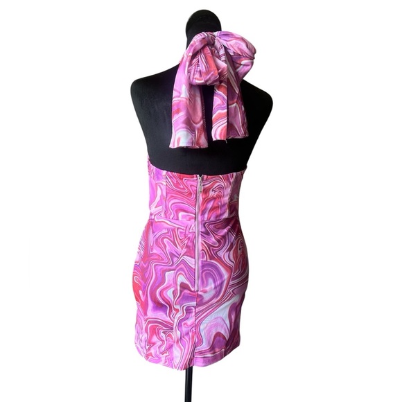 Bardot Pink Marble Mesh Halter Backless Ruched Bodycon Mini Dress Size M NW - Picture 4 of 7